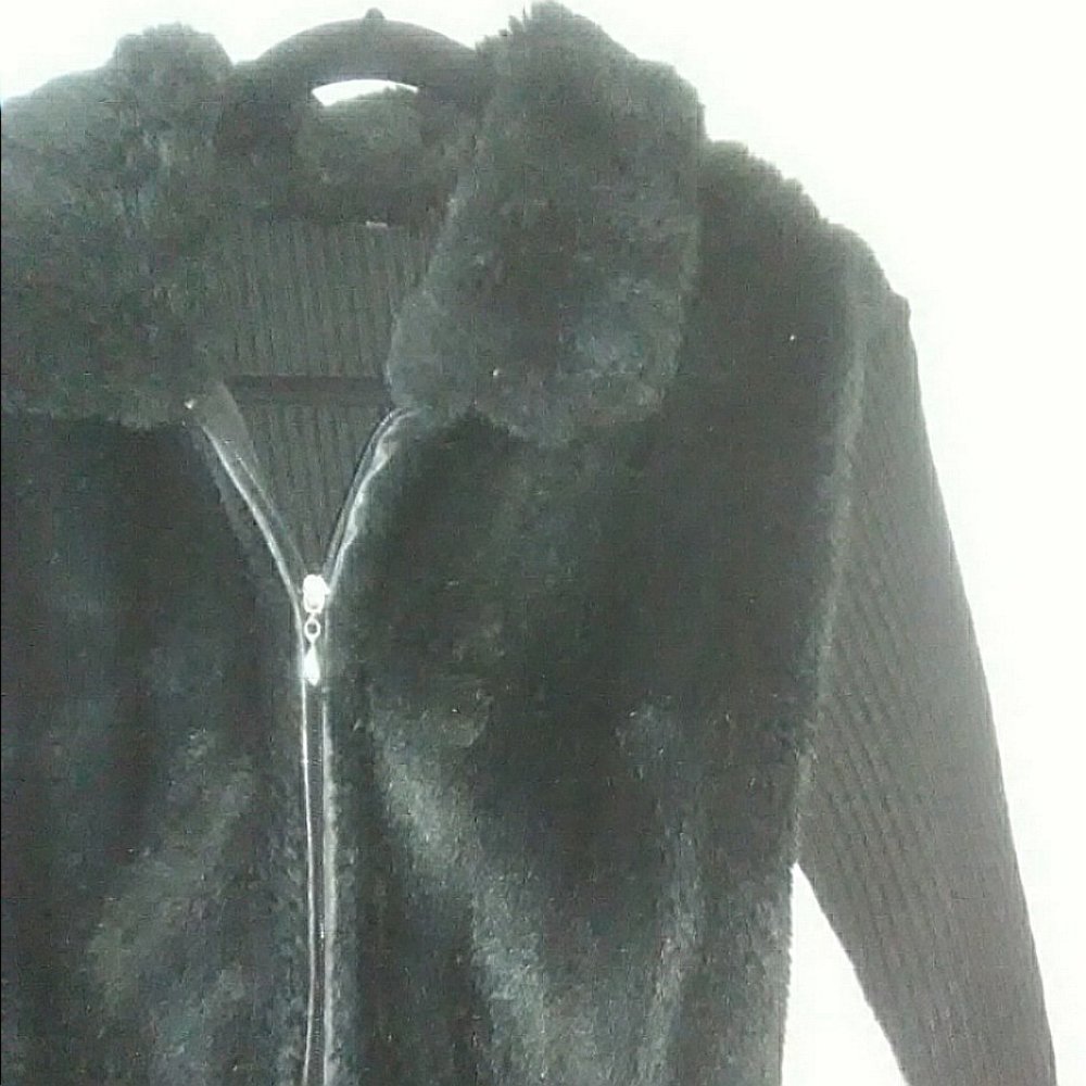 Black Rib Knit Cardigan Sweater with Faux Fur Med